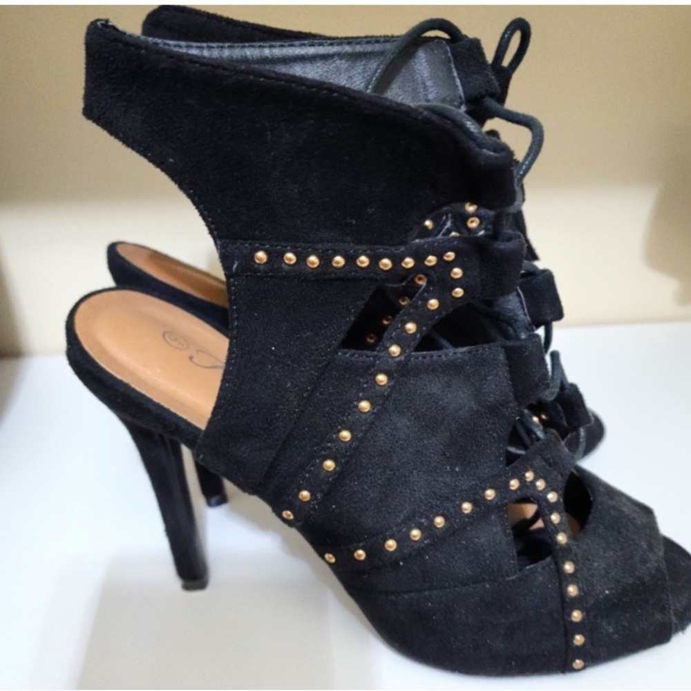 Forever Black and‎ gold  studded tie up heels